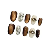 Faux ongles courts en acrylique faits à la main, effet œil de chat ambre, à pression, couvrance totale pour femmes