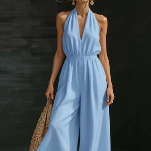 Combinaison de soirée formelle transfrontalière style européen et américain, col en V, coupe droite, jambe large, ensemble simple - Product Image 1