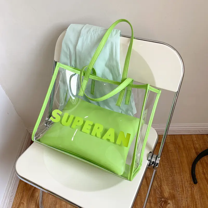 2021ขายส่งธรรมดาล้างพีวีซีกระเป๋าที่มีสีเขียวสีเหลือง PU โลโก้ที่กำหนดเองสีถุงช้อปปิ้ง
