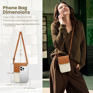 Genuine Leather Crossbody Bags for Women, Cell Phone Cross body <b>Purse</b> Bag with RFID Blocking Card Slots Beige & Brown - Product Image 4
