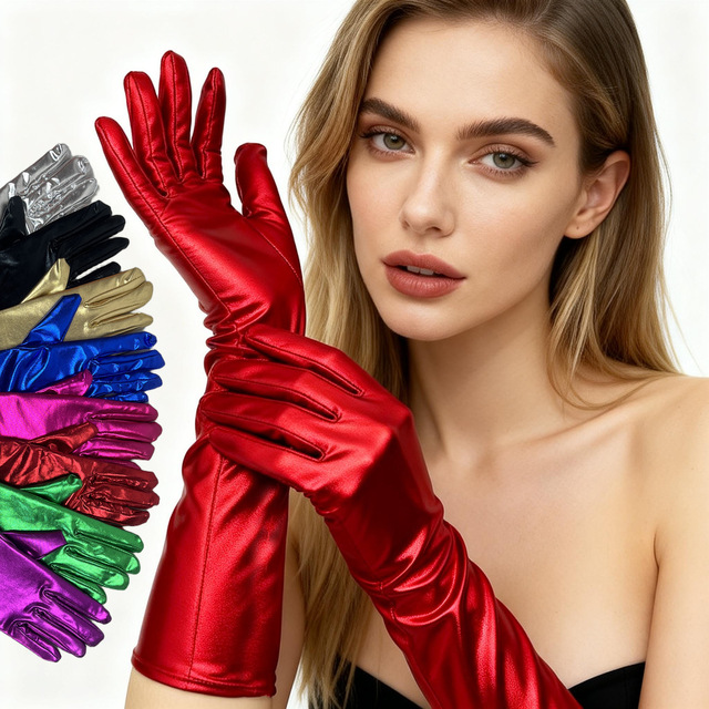 40CM Length Women Long Gloves Stretchy Faux Leather Glove for Evening Party Opera Costume