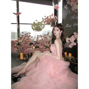 Strapless Pink Ball Gown Dress Empire Waist Organza Tutu Train Birthday Party Evening Dress - Product Image 4