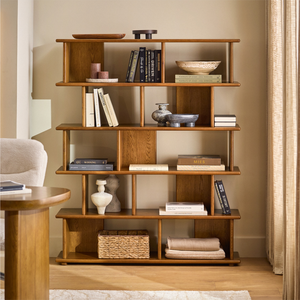 Mid-Century Wabi Sabi Modern Black Walnut <strong>Open</strong> Bookshelf Multi-Compartment Storage <strong>Shelving</strong> <strong>Unit</strong> for Home &amp; Office - Product Image 1