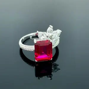 Luxury Style Big Size Gemstone Ring Gemstone 925 Sterling Silver Jewelry 8*10mm Emerald Cut Ruby Stone Ring