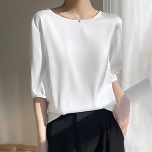 T-shirt ample en satin de soie respirant pour femme, col rond, couleur unie, manches mi-longues, tendance - Product Image 3