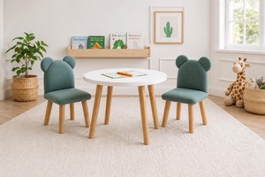 Meubles Montessori Table ronde en bois pour enfants et 2 chaises en velours pour enfants Table et chaise pour tout-petits en forme d'ours vert - Product Image 5