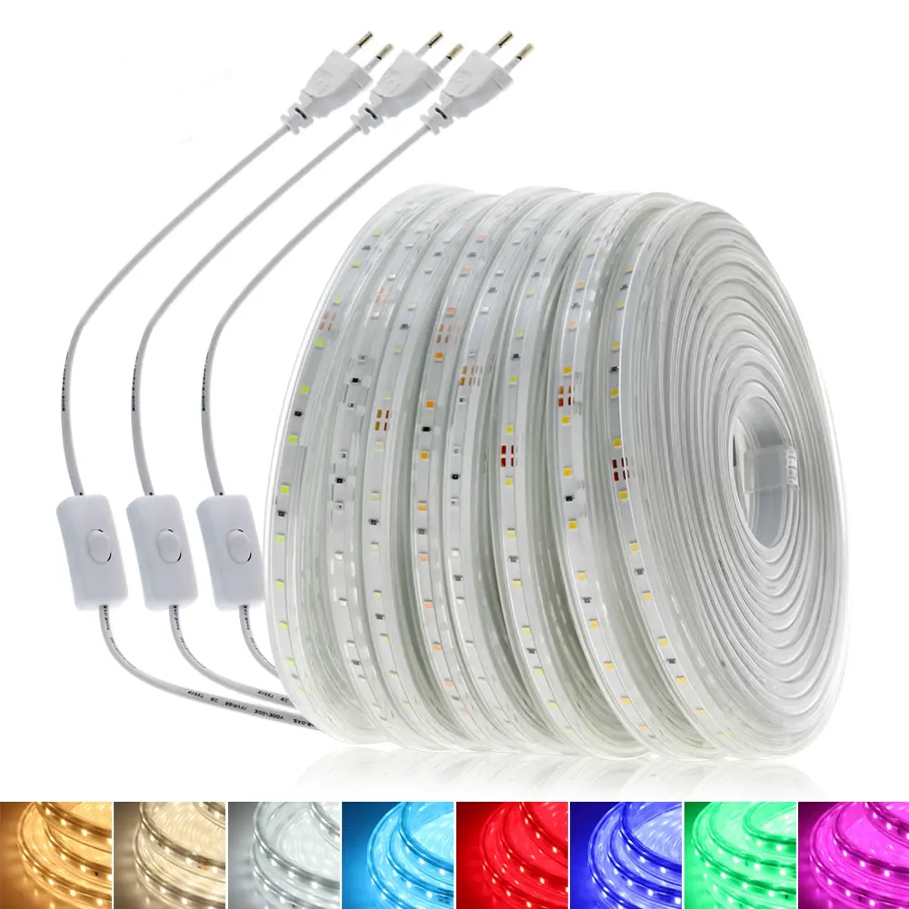 Tira de luces LED Flexible de alto brillo, 220V, 2835, resistente al agua IP67, color azul hielo, rosa, rojo, verde y azul