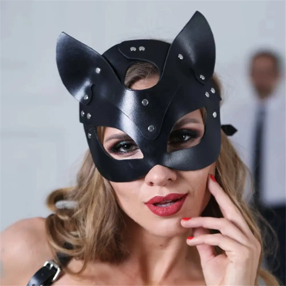 Fox Mask PU Leather Black Cat Ear Masks Half Face Japanese Cosplay Masquerade Festival Costume Prop Rave Accessories