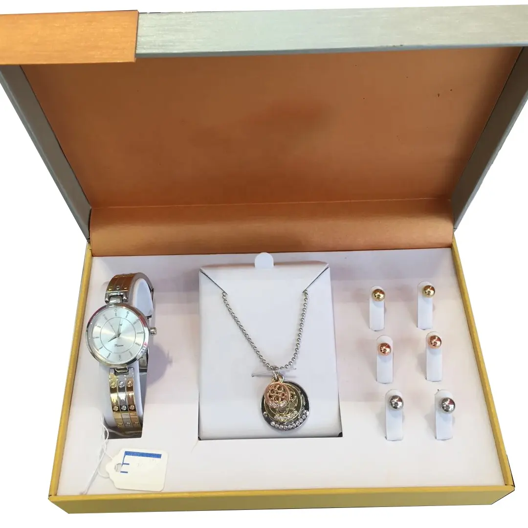 New arrival custom ladies watch and necklace earrings box set beautiful silver women watch jewelry gift set