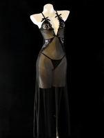Chemise de nuit longue sexy en dentelle violette transparente, lingerie de nuit transparente à col en V, vêtements de nuit pour femmes, robe dos nu ajourée