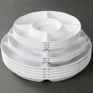 Vente en gros assiette à déjeuner en plastique blanc divisé plateau de Dim Sum assiettes incassables en mélamine avec 5 compartiments