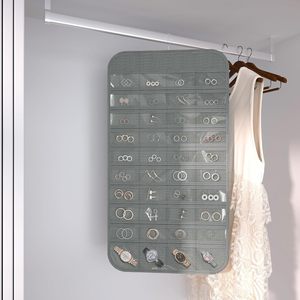 Organisateur de bijoux suspendu double face gris, 36 crochets, 40 poches pour colliers, boucles d'oreilles, montres, pour femmes, moderne, pliable - Product Image 4