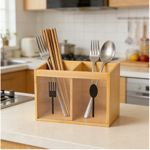 กล่องเก็บช้อนส้อมไม้ไผ่พร้อมช่องใส่ตะเกียบสำหรับบริการบุฟเฟ่ต์ในครัว - Product Image 1