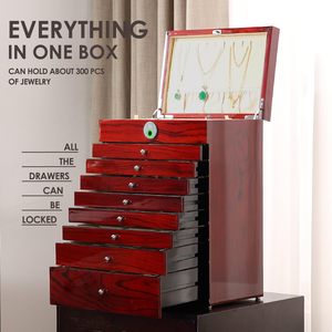 Tout-Organisateur Extra Large Armoire à Bijoux en Bois à 9 Couches 9 Tiroirs Verrouillables <span class=keywords><strong>Empreintes</strong></span> <span class=keywords><strong>Digitales</strong></span> Artisanat en Bois Boîtes en Bois Panneaux Muraux - Product Image 2