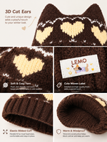 Bonnet tricoté personnalisé automne-hiver avec oreilles de chat Kawaii, motif jacquard cœur, bord côtelé duveteux, pour femmes et filles, style streetwear quotidien