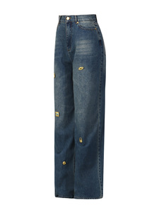Jeans en denim pour femme à taille haute et jambe large, style vintage foncé avec décoration de quincaillerie métallique, coupe ample streetwear, échantillon rapide - Product Image 2