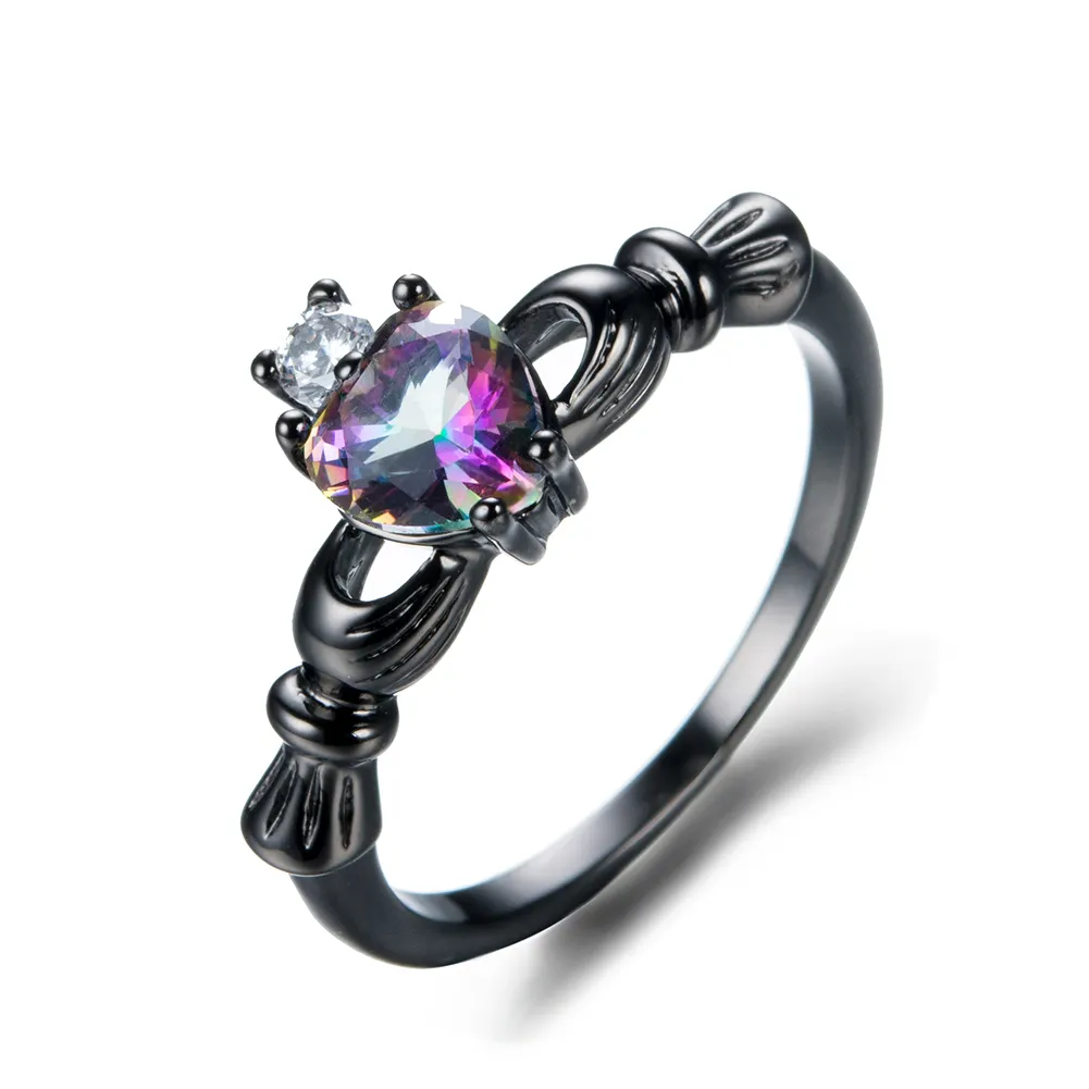 JUNXIN แหวนหัวใจสีรุ้งสำหรับผู้หญิง,แหวนแต่งงานแหวนโอปอลสีขาวแหวนทองสีดำสำหรับสาวๆ