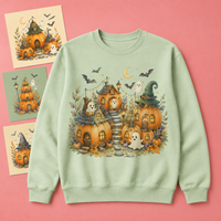 Transfert DTF Prêt à Presser Motif Maison Citrouille d'Halloween Mignonne et Cottage Fantôme pour Sweat-shirt, Hoodie, Décalcomanie DIY à Repasser