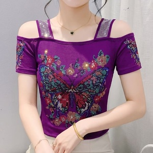 럭셔리 다이아몬드 여성용 탑 유화 효과 나비 티셔츠 소녀용 반팔 통기성 메쉬 티셔츠 라인스톤 블라우스 - Product Image 2