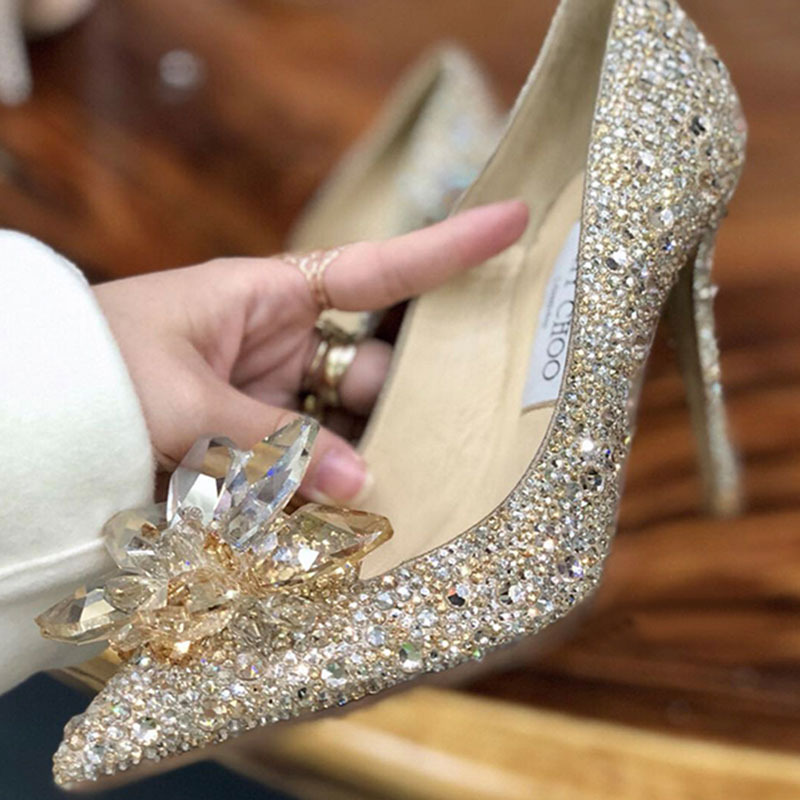 8 inch high wedding shoe crystal covered point toe pumps