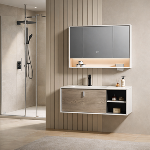 Ensemble <span class=keywords><strong>de</strong></span> meubles <span class=keywords><strong>de</strong></span> <span class=keywords><strong>salle</strong></span> <span class=keywords><strong>de</strong></span> <span class=keywords><strong>bain</strong></span> <span class=keywords><strong>de</strong></span> style moderne en gros, suspendu au mur, avec armoire miroir, rangement dissimulé et <span class=keywords><strong>étagère</strong></span> intégrée - Product Image 1