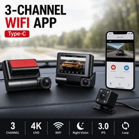 Caméra de tableau de bord automatique 1080P, enregistrement vidéo 3 canaux, contrôle par application WiFi, écran IPS 3 pouces, type C, batterie 150 mAh, capteur G 64 Go