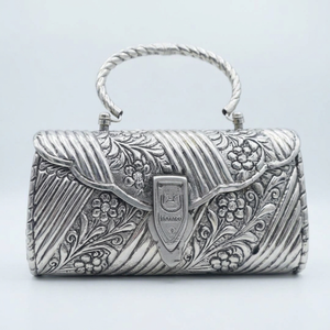Handmade Vintage <b>Silver</b> Plated Metal Clutch <b>Bag</b>, Ornate Floral & Fluted Carved Ethnic <b>Evening</b> Handbag for Women - Product Image 1