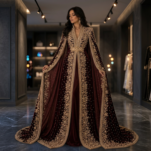 Burgundy Velvet Woven Vintage Eid Embroidered <b>Abaya</b> Long Sleeve Floor Length Flared Hem Solid Wedding Party Women - Product Image 3