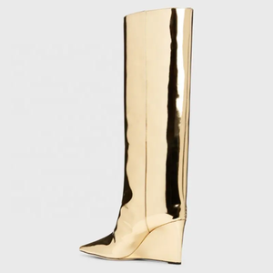Bottes hautes en PU pour femme, taille 44, style western, hiver, talons compensés, or métallisé, bout pointu, chaussures personnalisées sexy - Product Image 3