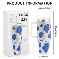 BORGE 40oz Bling Rhinestone Vaca Imprimir Termo de doble pared Vaso frío caliente Acero inoxidable con mango