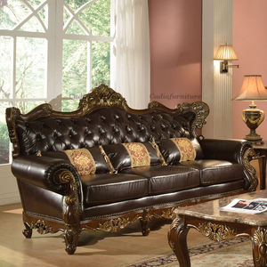 Conjunto de Sofás de Sala de Estar em Couro Genuíno Europeu e Madeira Maciça, Conjunto de Sofás Tradicional Esculpido à Mão 1+2+3 Lugares - Product Image 3