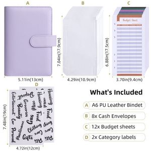GF A6 Macaron Classeurs de budget Portefeuille mignon en cuir Pu Classeur de budget avec fermeture éclair Feuilles de dépenses et étiquette autocollante - Product Image 2