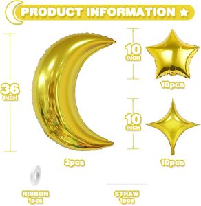 Ensemble de ballons en feuille d'aluminium Or Argent Lune Étoile, ballons en latex à cinq et quatre branches, fournitures pour fête prénatale et anniversaire - Product Image 4