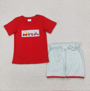 Conjunto de 2 Piezas para Niños Pequeños, Niños y Niñas, Verano, Bordado, Túnica a Rayas con Carreta y Bicicleta Rojas, con Pantalones Cortos - Product Image 2