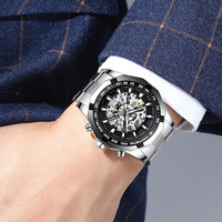 Montre automatique FNGEEN pour homme, boîtier en acier argenté et noir, squelette mécanique, montres pour homme, étanches, aiguilles lumineuses, montre-bracelet pour homme