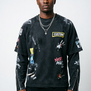 T-shirt personnalisé imprimé DTG, streetwear rétro, surdimensionné, hip hop, effet délavé, col rond, coton, homme, double couche, manches longues - Product Image 1