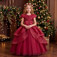 Robe de princesse pour filles, rouge vin, avec nœud brodé, robe de demoiselle d'honneur pour Noël, fêtes d'anniversaire