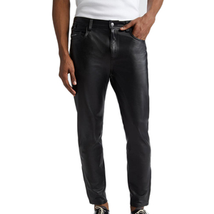 سراويل جلدية سوداء نحيفة للرجال مخصصة عالية الخصر خفيفة الوزن على الطراز الكاجوال مصبوغة سادة بدون طريقة حياكة - Product Image 1