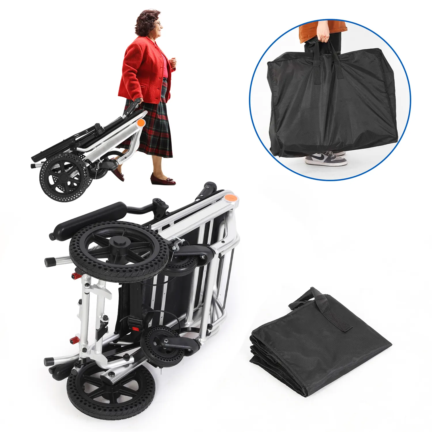 공장 도매 자체 추진 수송 경량 바퀴 의자 여행을위한 노인 접이식 휴대용 휠체어