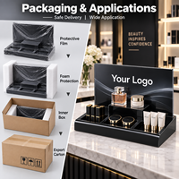 Support de présentation de comptoir en acrylique noir personnalisé avec panneau arrière pour logo, plateau de présentation de produits de vente au détail à 3 fentes, OEM ODM