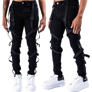 Fabricante de Jeans de Mezclilla, Nueva Moda Urbana, Jeans Ajustados Negros Elásticos con Tirantes para Hombre - Product Image 1