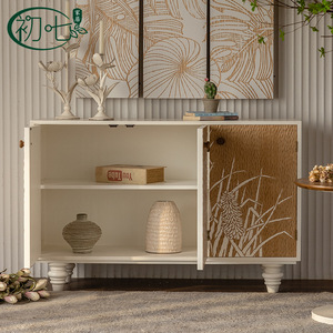 Aparador de Madera Maciza Estilo Wabi Sabi con Tallado de Plantas, Mueble Decorativo Hecho a Mano de 900 mm para Entrada - Product Image 4