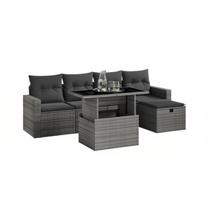 6 Piece Grey Pe <b>Rattan</b> Garden <b>Sofa</b> Set Adjustable Armrest Outdoor Furniture Contemporary Design - Product Image 1