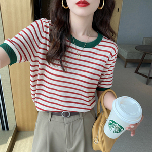 Suéteres Casuales de <span class=keywords><strong>Punto</strong></span> a Rayas para <span class=keywords><strong>Mujer</strong></span>, Moda de Verano, <span class=keywords><strong>Manga</strong></span> <span class=keywords><strong>Corta</strong></span>, Holgados, Venta al Por Mayor - Product Image 2