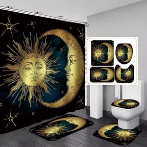 Juego de Cortinas de Ducha de 4 Piezas con Diseño de Constelaciones del Zodiaco, Estilo Hippie Boho, Fases Lunares y Sol con Brillo Celestial - Product Image 5