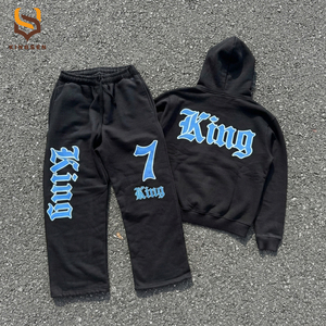 Custom High Quality Distress Acid Wash Hoodie and Sweatpants Set Vintage Tracksuit Sweatsuit <b>Sweat</b> Stack Flare Pant <b>Suit</b> for <b>Men</b> - Product Image 2
