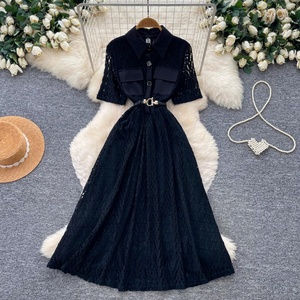 Abito Elegante da Donna 2026 in Pizzo Stile Francese con Maniche Corte e Cintura, Vestito a Trapezio Slim alla Moda - Product Image 1