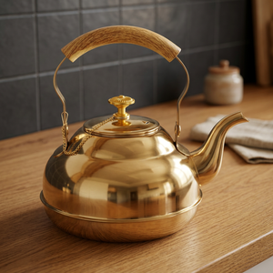 Bouilloire classique en métal doré avec poignée et couvercle en bois, théière, chauffe-eau - Product Image 3