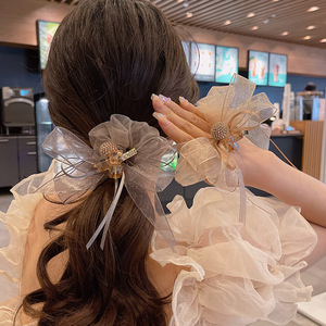 Accessoires de cheveux pour filles élégantes Bandeau de <span class=keywords><strong>chignon</strong></span> attaché de tempérament simple haut de gamme avec strass <span class=keywords><strong>papillon</strong></span> <span class=keywords><strong>noeud</strong></span> corde à cheveux en maille de soie - Product Image 1