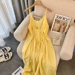Yellow <b>Spaghetti</b> Strap Dress Loose Waist Solid Color Women Summer Casual <b>Long</b> Dress - Product Image 2